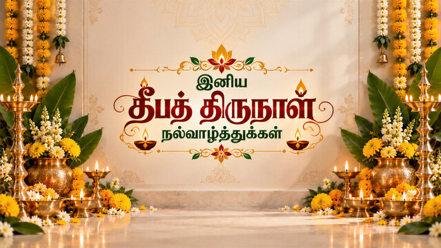 Tamil Deepavali Greetings &ndash; Traditional Indian Festival Design with Brass Lamps and Flowers