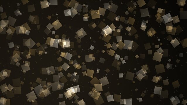 Abstract background, with floating translucent, golden and white, squares on a, dark black backdrop, for digital motion, and visual effects
