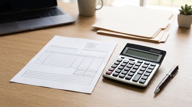 Blank invoice paper beside a calculator and pen, small business administration concept, clean desk, no readable text