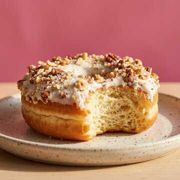 Delicious glazed donut with nut topping and a bite taken on a ceramic plate