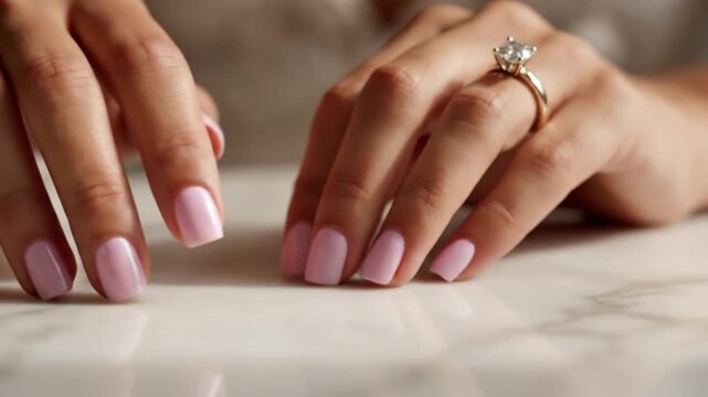 A woman's manicured hands rest on a marble surface, elegantly showcasing a sparkling diamond engagement ring as she moves her fingers under a soft, glowing light.