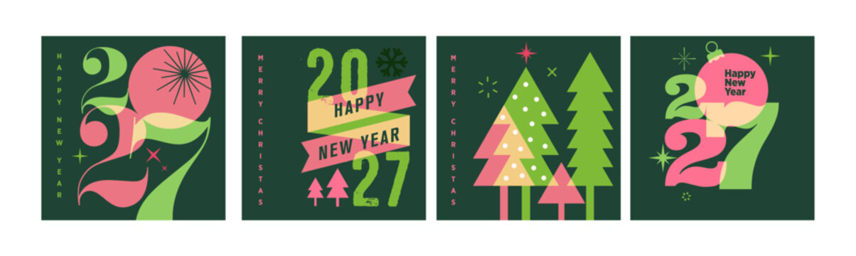 Merry Christmas and Happy New Year 2027. Vector illustrations for holiday greeting card, poster, cover, website and social media banner, marketing material.