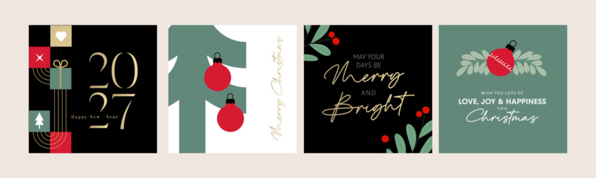 Merry Christmas and Happy New Year. Vector illustrations for holiday greeting card, poster, cover, website and social media banner, marketing material.