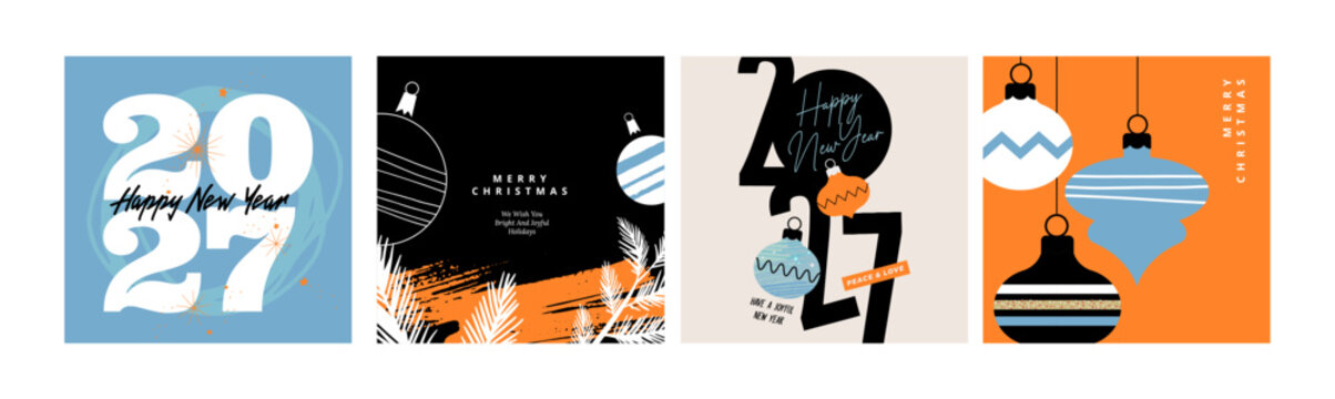 Merry Christmas and Happy New Year 2027. Vector illustrations for holiday greeting card, poster, cover, website and social media banner, marketing material.