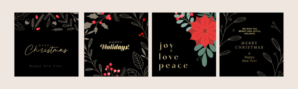 Merry Christmas and Happy New Year. Vector illustrations for holiday greeting card, poster, cover, website and social media banner, marketing material.