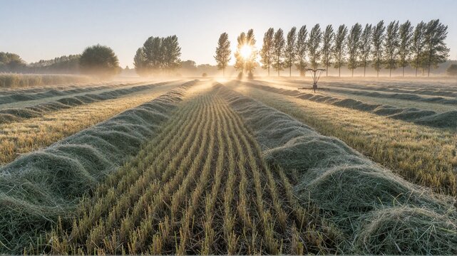 Misty sunrise over harvested hay field with windrows