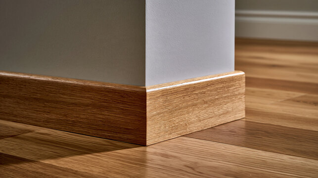 Elegant photo of Close-up of a wooden baseboard installed along a wall corner and oak floor. Ideal for home renovation and carpentry marketing.