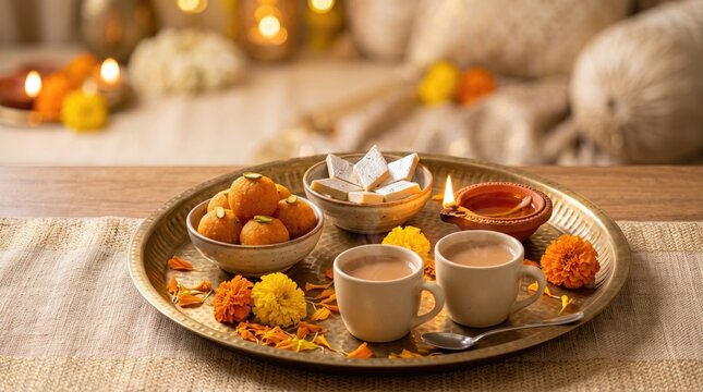 Traditional metal platter serving sweet ladoo and kaju katli with two cups of hot tea during Diwali morning.