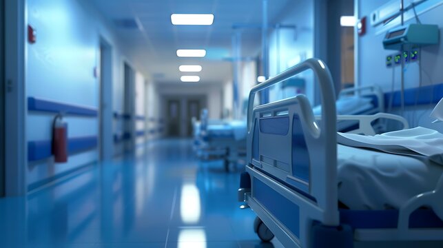 blurred modern hospital recovery ward with beds equipment and soft clinical lighting, cool healthcare bokeh, defocused medical interior background
