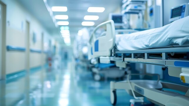 blurred modern hospital recovery ward with beds equipment and soft clinical lighting, cool healthcare bokeh, defocused medical interior background