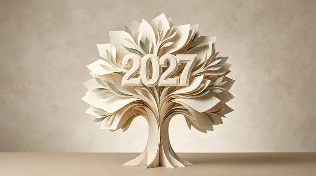 Papercraft tree with layered leaves displays the year two thousand twenty seven neutral tones foliage