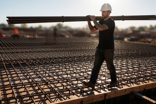 Construction worker carrying steel rebar at site