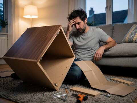 Frustrated man struggling to assemble flat-pack furniture