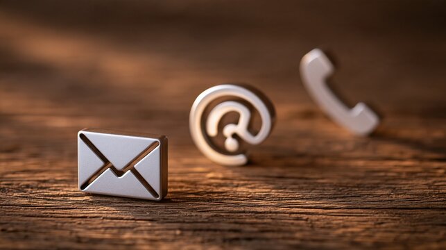 3D metallic contact icons: email, at symbol, and phone on rustic wooden background