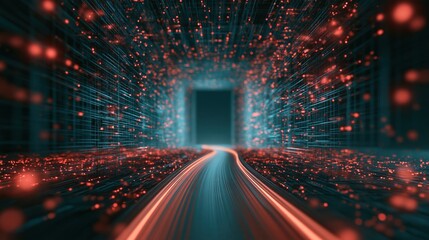 Fototapeta premium Abstract digital tunnel with glowing red particles and blue network lines representing data flow