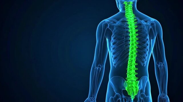 3D medical visualization of the human body highlighting the vertebral column in green against a blue wireframe skeleton on a dark background