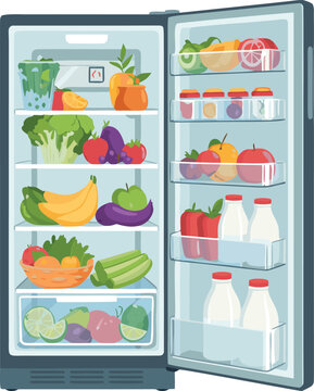 Colorful Refrigerator Filled with Fresh Fruits, Vegetables, Milk and Groceries &ndash; Kitchen Food Storage Illustration
