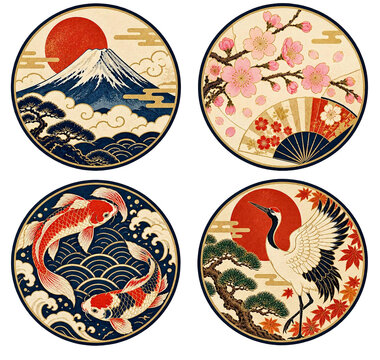 富士山・桜・錦鯉・鶴の和柄丸紋4種