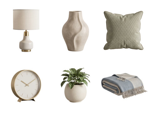 Set of home decor including a table lamp, ceramic vase, throw pillow, desk clock, potted plant, and blanket isolated on a transparent background