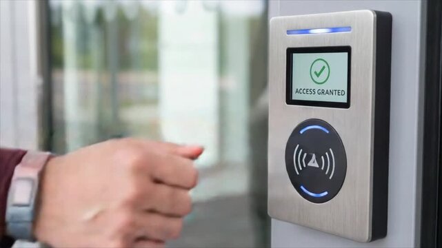 Hand wearing access wristband unlocks electronic door reader. Contactless entry and identity verification. Smart access control, building security. Digital authentication technology.