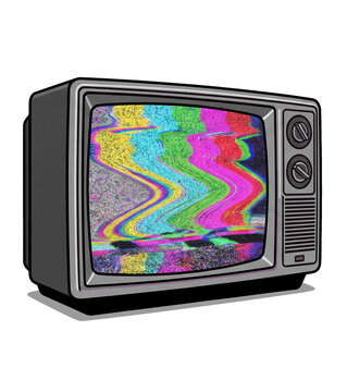 Retro CRT television icon with colorful VHS glitch and wavy static on screen. Isolated cartoon old TV with distorted rainbow noise, analog error, psychedelic signal for vaporwave design