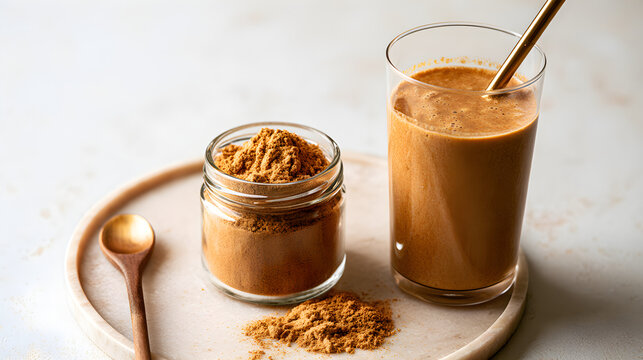 Cordyceps Powder Jar Resting Beside A Pre-Workout Smoothie Glass