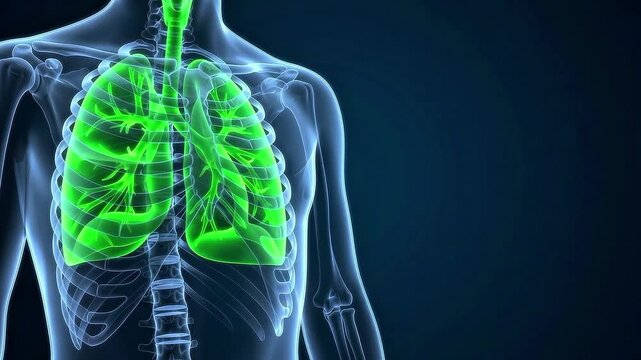 3D medical animation of the human respiratory system featuring glowing green lungs inside a transparent ribcage on a dark background