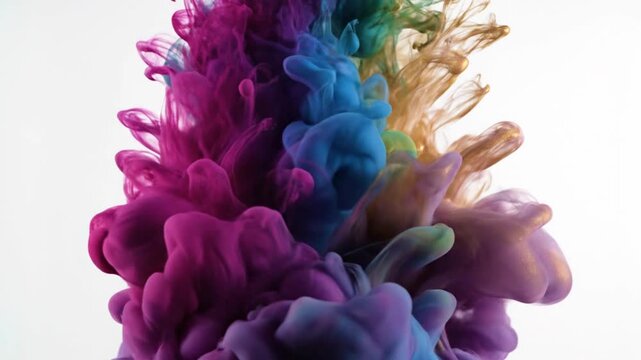 Colorful ink clouds swirling in water against white background
