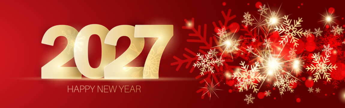2027 Happy New Year background with golden snowflakes.