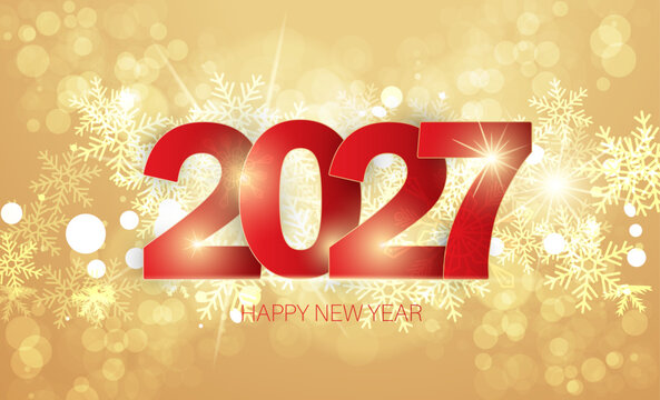 2027 Happy New Year background with golden snowflakes.
