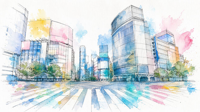 東京・渋谷スクランブル交差点を描いたインク線画と透明水彩の都市イラスト
Ink and watercolor illustration of Tokyo Shibuya Crossing
