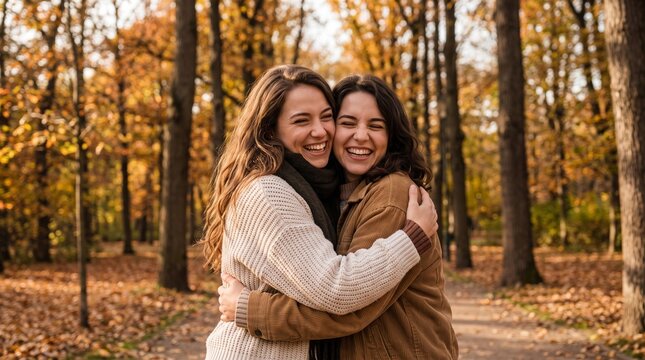 Two smiling women hugging affectionately in a sunlit autumn forest with golden foliage