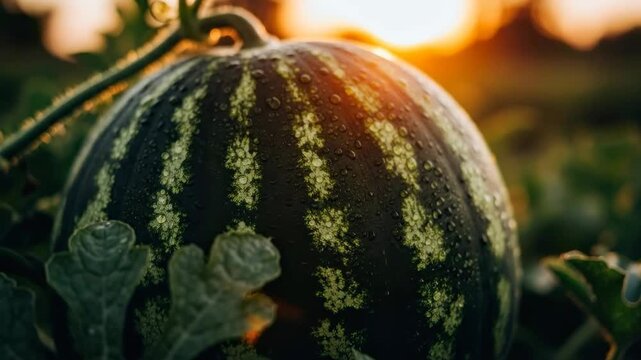 Closeup of a ripe watermelon with dew on its rind in a sunlit field at golden hour. lowangle agricultural nature scene.