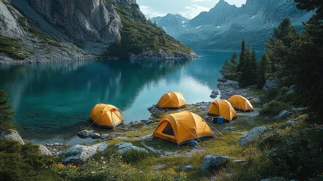 Five Yellow Tents Set Up On The Rocky Shore Of A Turquoise Alpine Lake Amidst Majestic Mountains