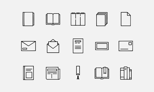 Book and Print Collateral Line Icons Set with Brochure, Catalog, Flyer, Envelope and Letterhead