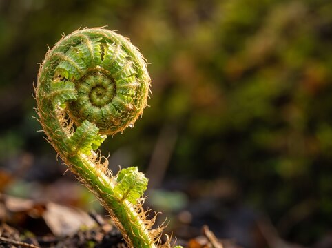 Macro of a fern fiddlehead unfurling in spring with fresh green spiral and soft sunlight, new growth detail