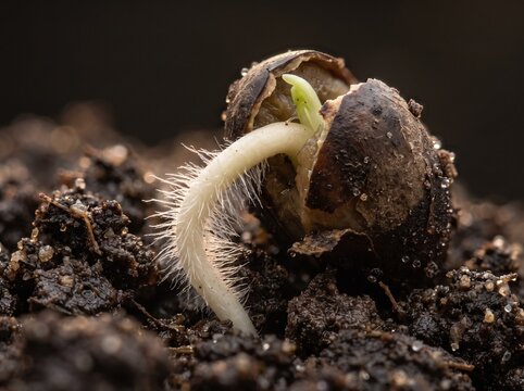 Macro of a seed germinating with white root hairs emerging from dark soil, new plant growth close-up
