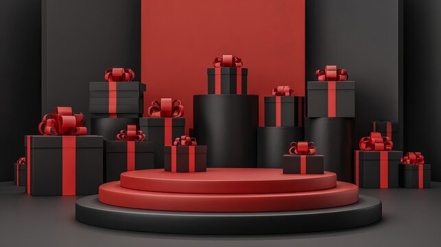 Luxurious black and red gift boxes arranged on studio podium platforms for holiday product display photography