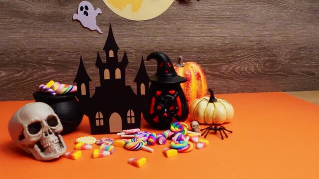Halloween party celebration with skulls and candy corn