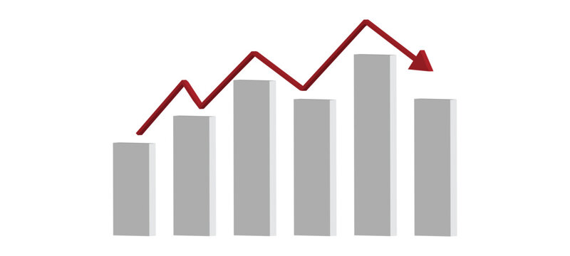 Business bar chart vector with red downward trend line arrow representing financial loss market crash economic recession and failure metrics