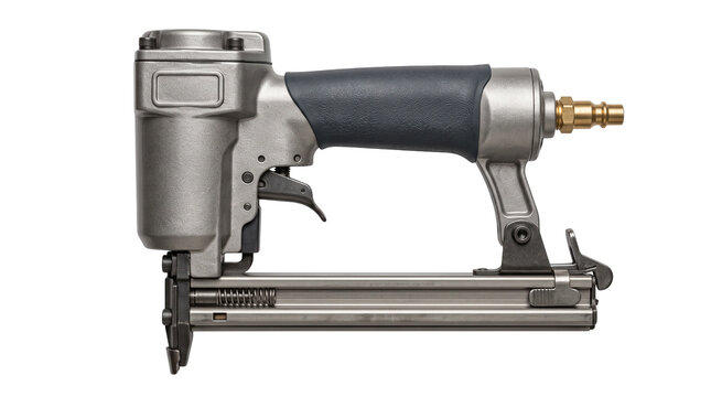 Pneumatic staple gun for woodworking isolated on transparent background, professional air powered construction tool