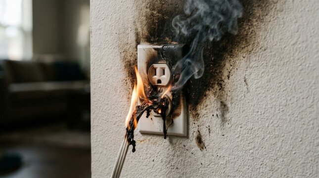 A close up view of an electrical socket experiencing an electric burn with visible flames, black soot, and smoke rising up the textured white wall in a residential setting