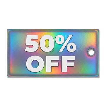 Rectangular sale tag with holographic texture displaying white fifty percent off text