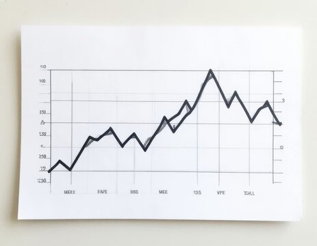 Line graph printed on paper showing data trends over time with labeled axes and gridlines, illustrating fluctuations in values across different categories