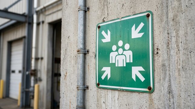 Warehouse emergency assembly point sign close-up