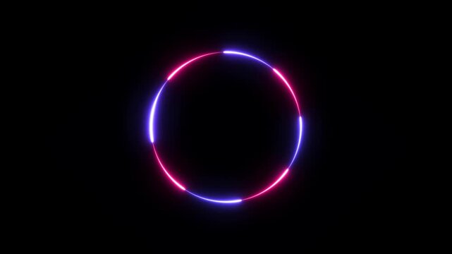  Round circle picture frame with two tone neon color shade motion graphic on isolated black background. Endless circular pattern. Glitter magic spell effect. Light streaks with shimmer 4K video .
