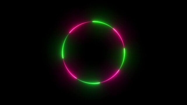  Round circle picture frame with two tone neon color shade motion graphic on isolated black background. Endless circular pattern. Glitter magic spell effect. Light streaks with shimmer 4K video .