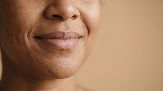 Close-up of adult woman's mouth with lip corners pulled upward in a gentle closed smile, lip corner puller muscle action, cropped face, copy space 