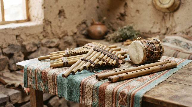 folk music setup featuring bamboo panpipes and traditional wooden drum