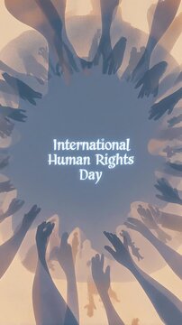 Colorful poster with colored hands of people for the International Human Rights Day AI Generative